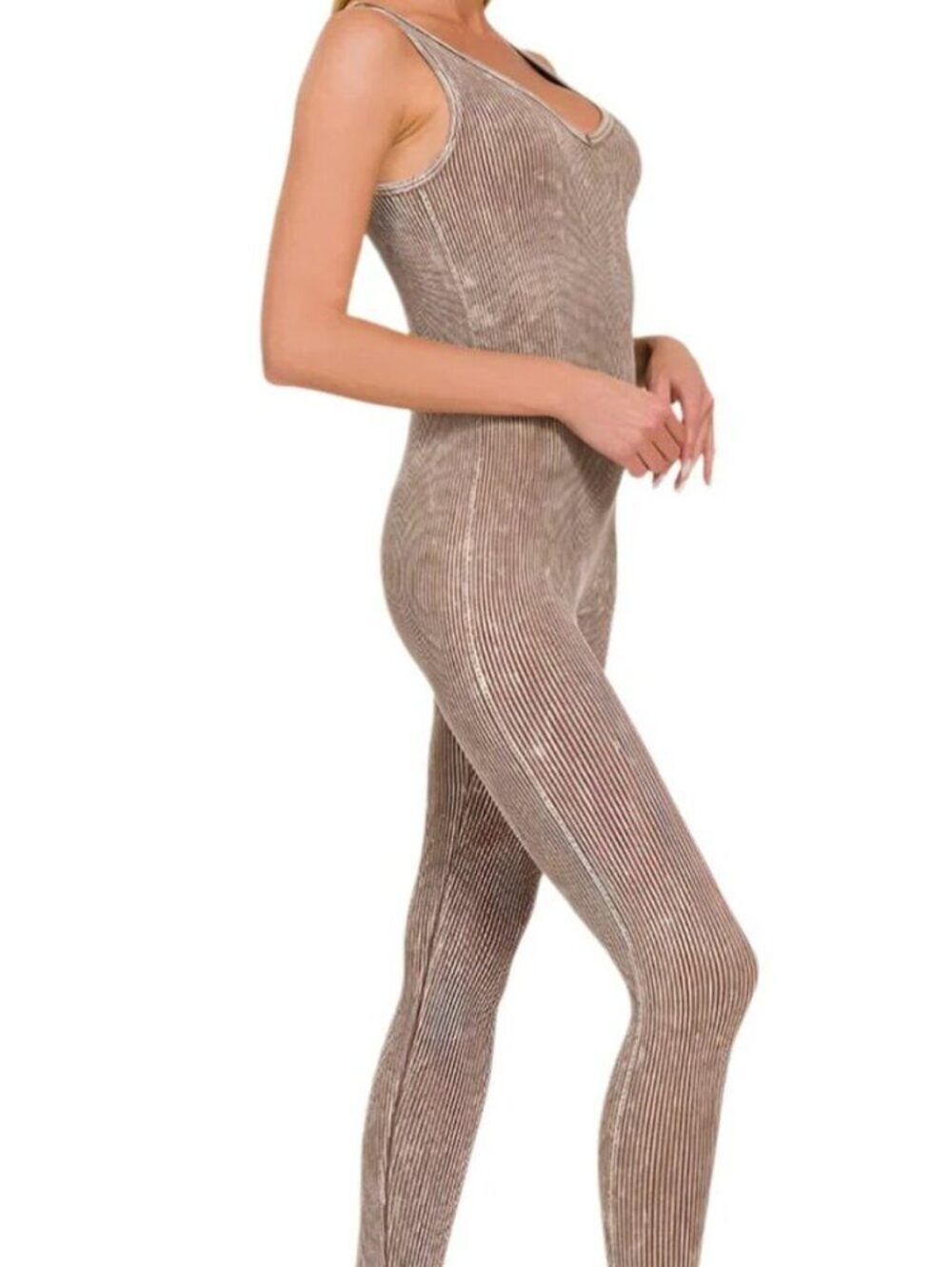 Zenana S/M Brown Ribbed Knit Jumpsuit V-Neck Sleeveless Full Length